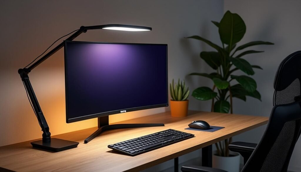 découvrez la lampe benq screenbar, l'éclairage de bureau innovant qui protège vos yeux sans jamais éblouir, pour un confort visuel optimal tout au long de la journée.