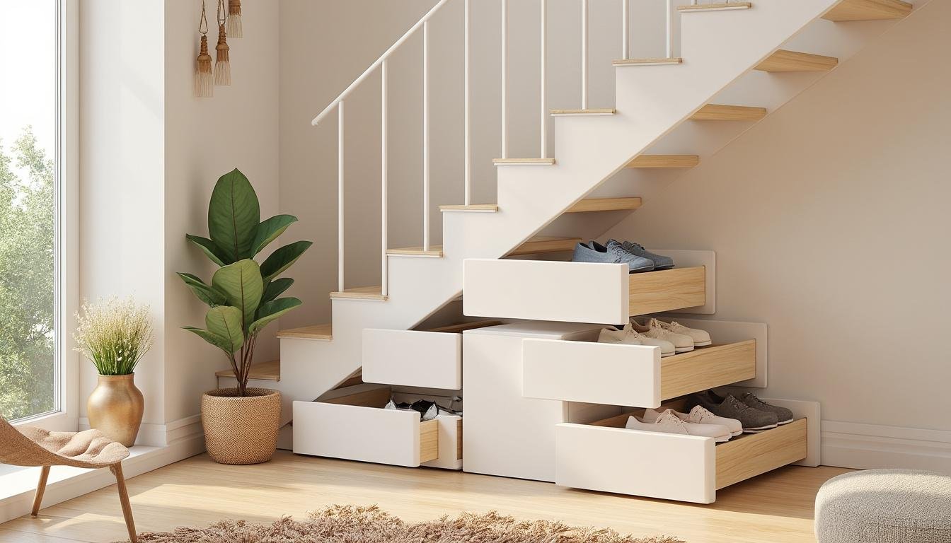 découvrez comment transformer vos escaliers en espaces de rangement astucieux en intégrant des tiroirs à chaussures dans chaque marche pour optimiser l'espace et gagner en organisation.