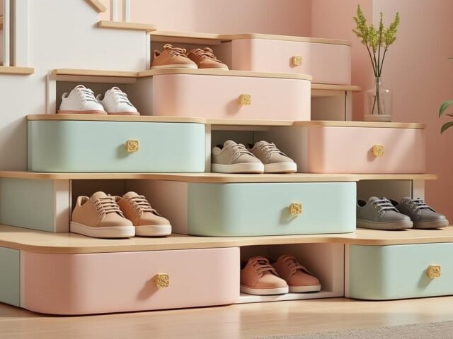 Escaliers de rangement : optimiser les marches pour en faire des tiroirs à chaussures.