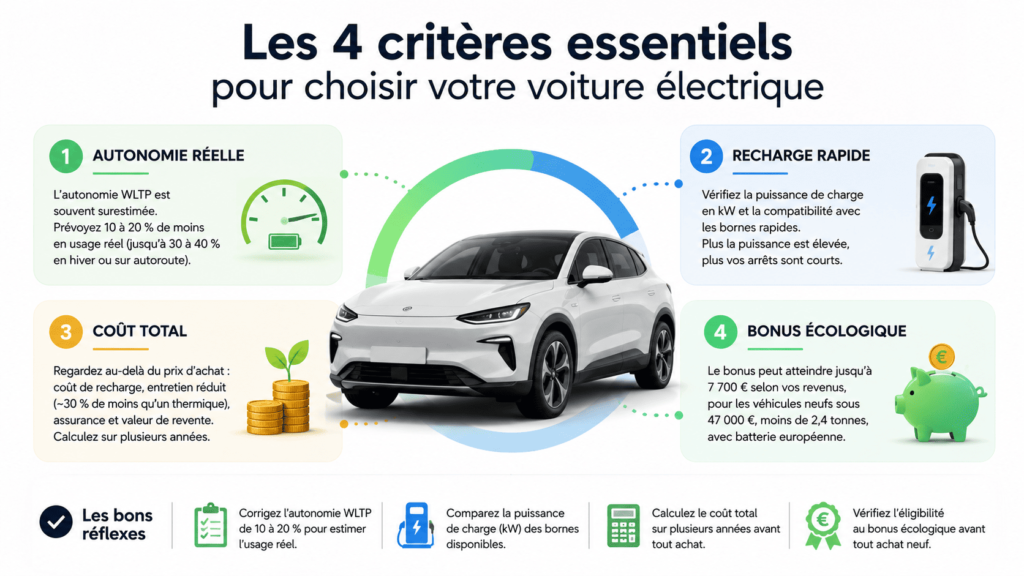 Infographie présentant les quatre critères essentiels pour choisir une voiture électrique